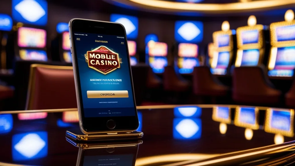 Smartphone showing a casino app download screen in a dark neon casino
