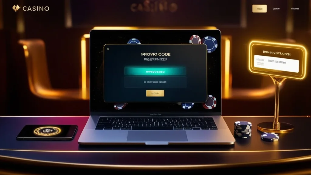 Promo code field on a casino screen beside chips in a dark neon setting