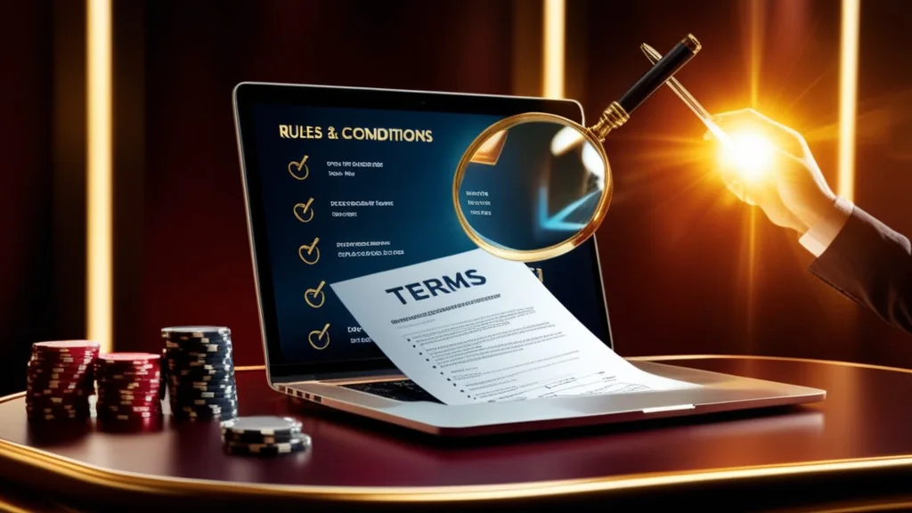 Bonus terms checklist with glowing laptop in a dark casino setting