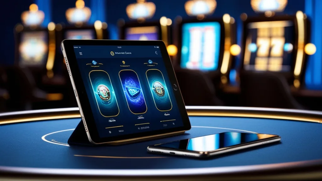 Phone and tablet showing casino mobile access screens in a neon-lit casino