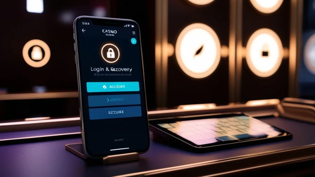 Smartphone displaying login and recovery screens for a casino app