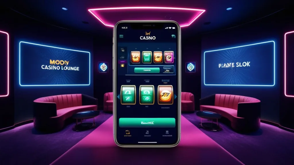Mobile casino lobby on a smartphone with clear game tiles and menu tabs