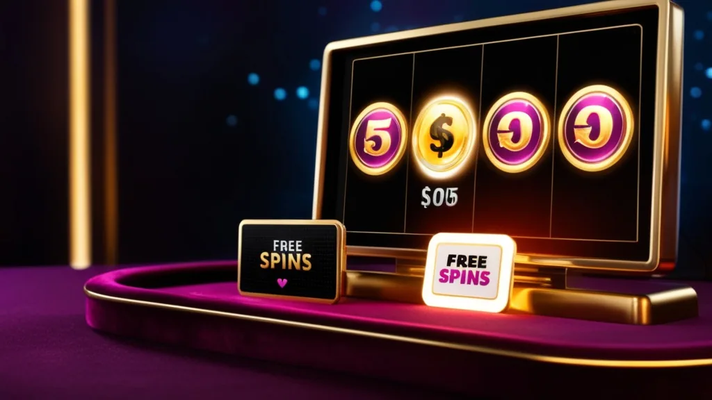 Free spins and cash credit symbols in a dark casino promotion scene