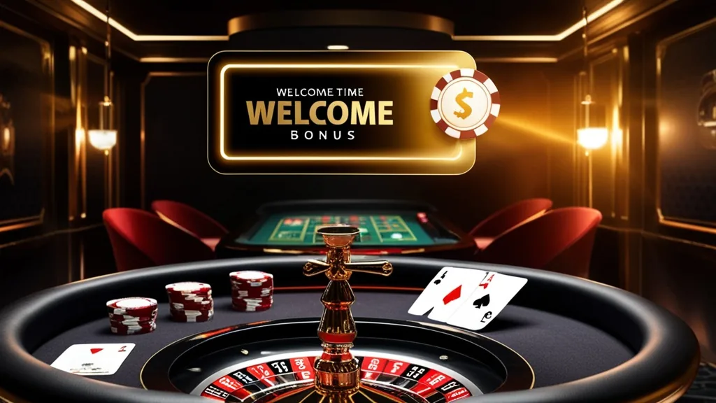 Casino welcome bonus banner glowing above a roulette table in a dark setting