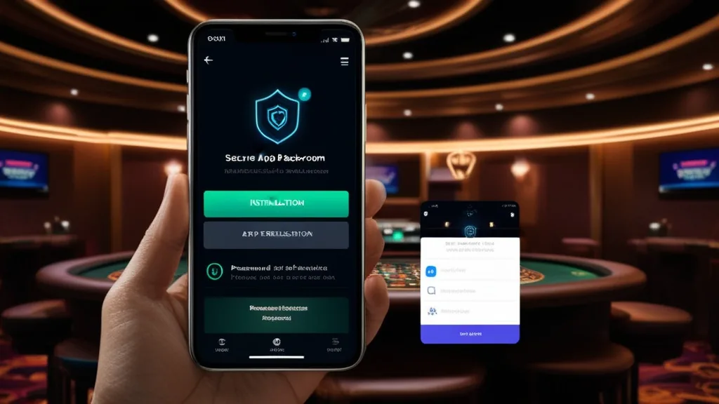 Smartphone showing a secure casino app installation prompt in a dark setting